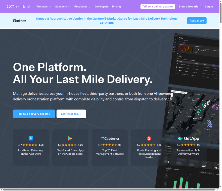 Onfleet homepage screenshot